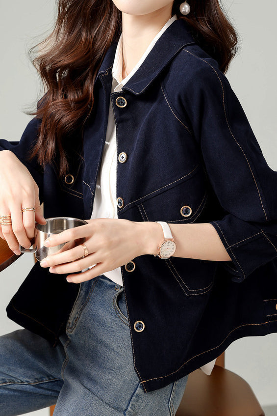 Fashionable Folded Collar Denim Jacket