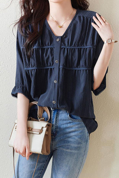 V-neck Piping Contrast Check Gathered Blouse