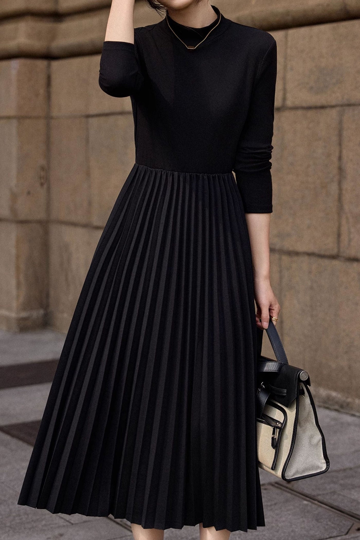Black French Style Pleated Dress
