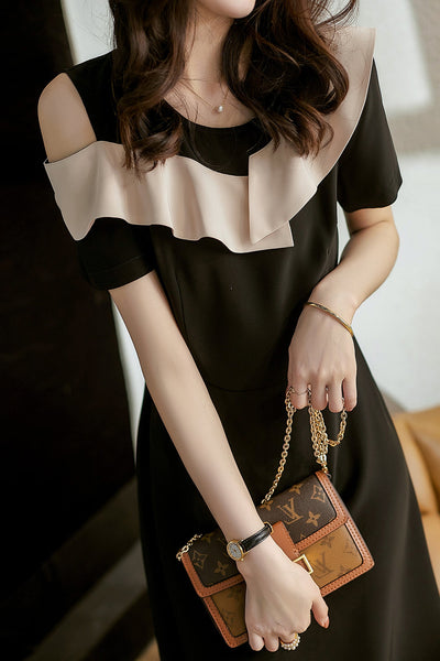 Asymmetrical Open Shoulder Frill Contrast Dress