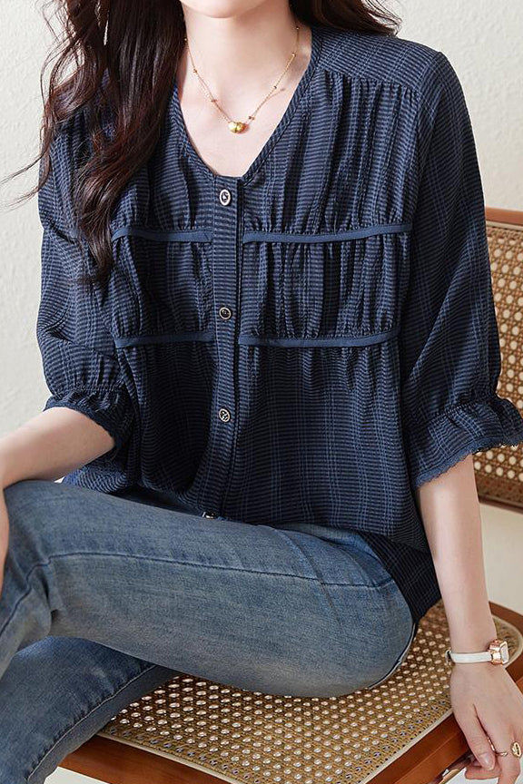 V-neck Piping Contrast Check Gathered Blouse