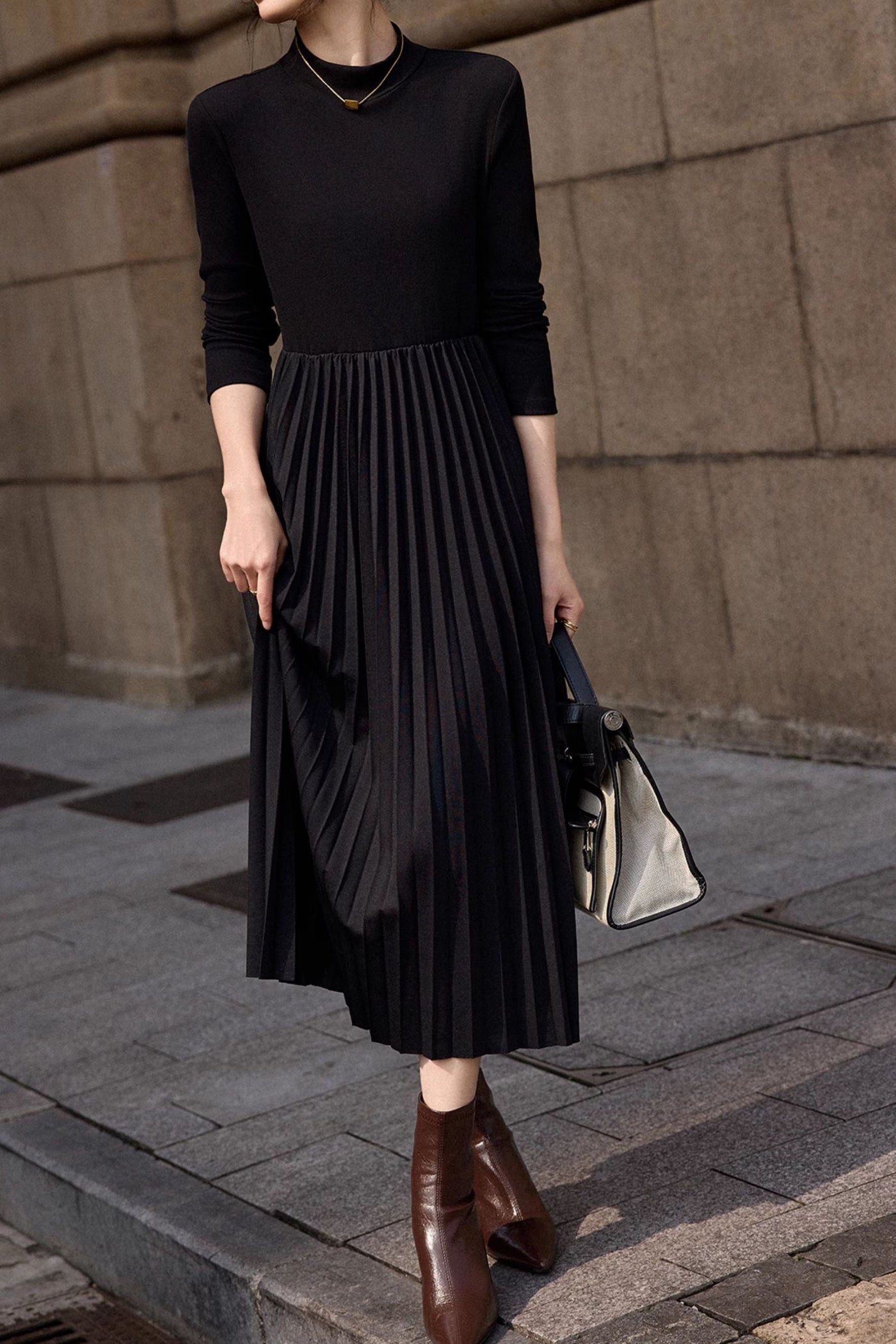 Black French Style Pleated Dress