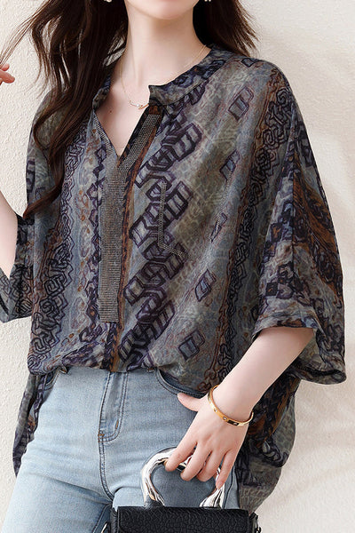 Skipper Collar Rhinestone Decor Printed Tunic