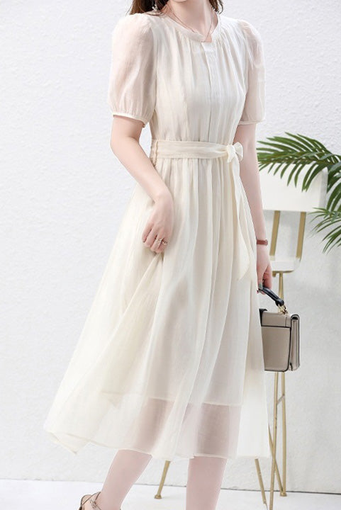 Nail Color Pintuck Belted Long Dress with Lining - 3 Colors Available