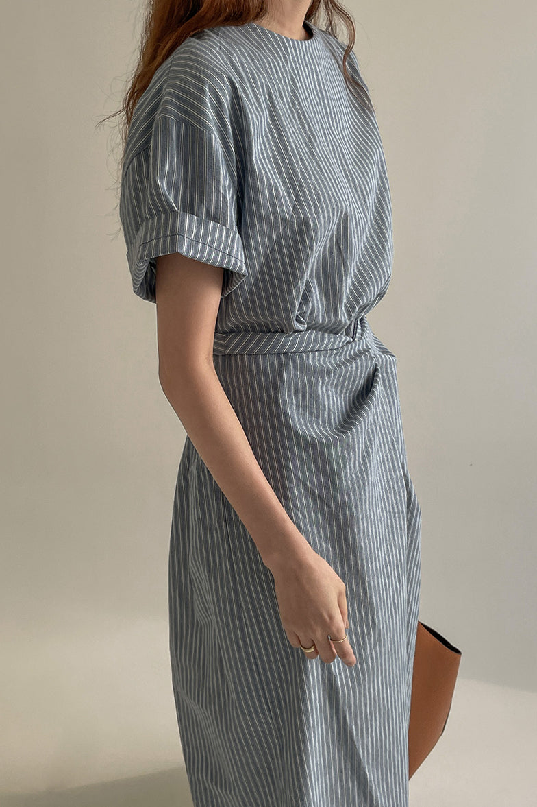 Cross Belt Back Slit Long Stripe Dress