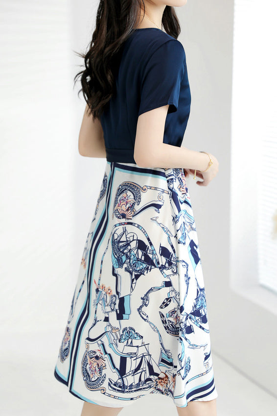 Round Neck Illusory Print Color-Blocked Belted Dress