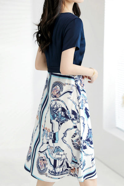 Round Neck Illusory Print Color-Blocked Belted Dress