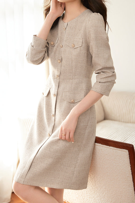 Elegant No-Collar Button Decor Dress with Lining