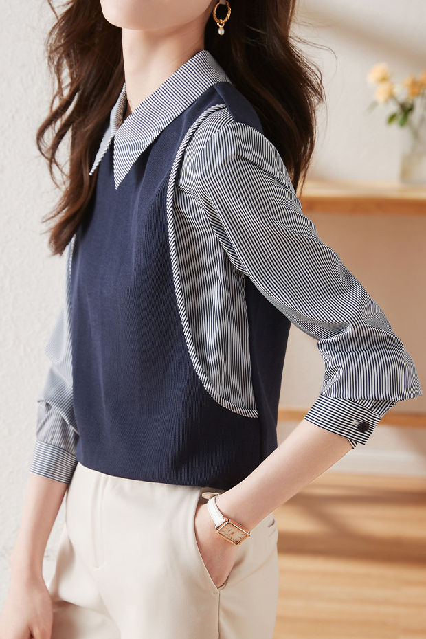 Commuter Versatile Polo Collar Stripe Long-Sleeve Fake Two-Piece Sweatshirt