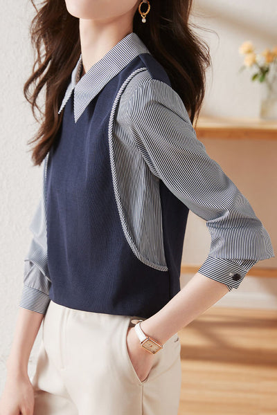 Commuter Versatile Polo Collar Stripe Long-Sleeve Fake Two-Piece Sweatshirt