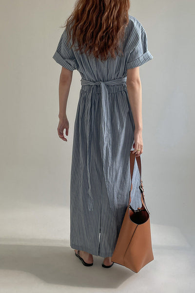 Cross Belt Back Slit Long Stripe Dress