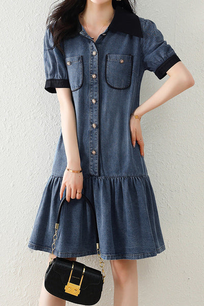Mixed Material Barrymore Color Prairie Denim Dress