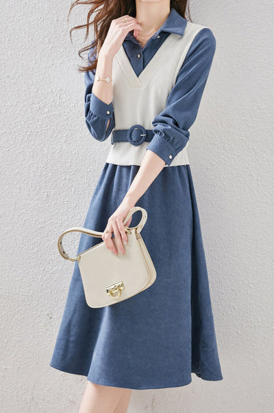 Layered Look Polo Collar Buckle Belted Dress - 3 Colors Available