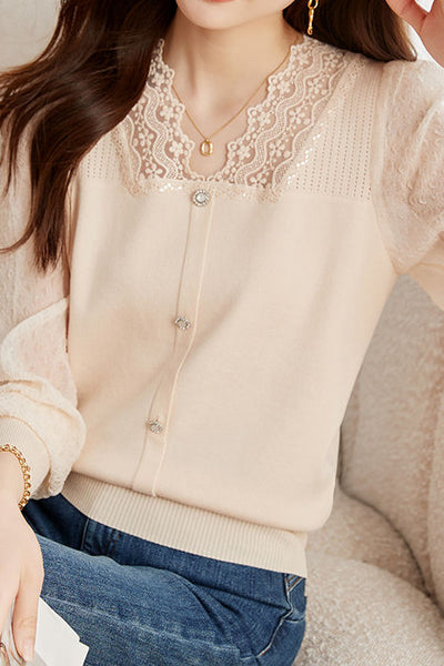 Elegant Lace Spliced Long-Sleeve Slim Knit Top