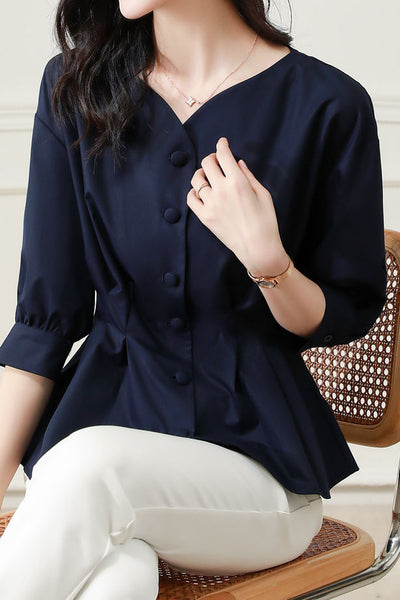 Elegant Office Seven-Sleeve Waist-Slimming Pleated Shirt
