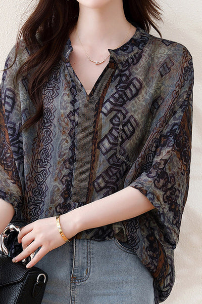 Skipper Collar Rhinestone Decor Printed Tunic