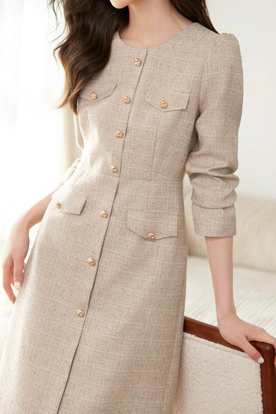 Elegant No-Collar Button Decor Dress with Lining