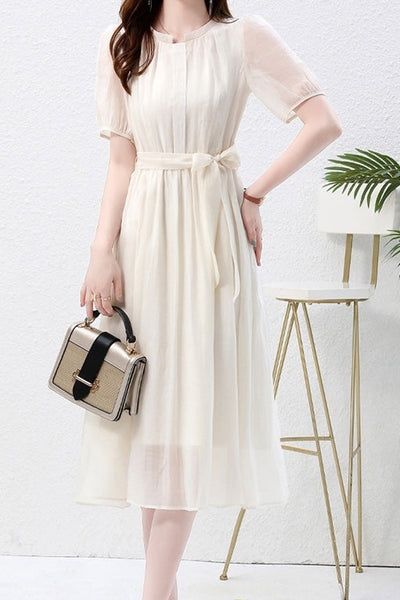 Nail Color Pintuck Belted Long Dress with Lining - 3 Colors Available
