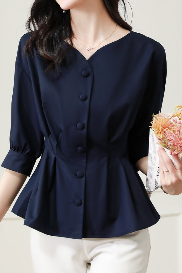 Elegant Office Seven-Sleeve Waist-Slimming Pleated Shirt