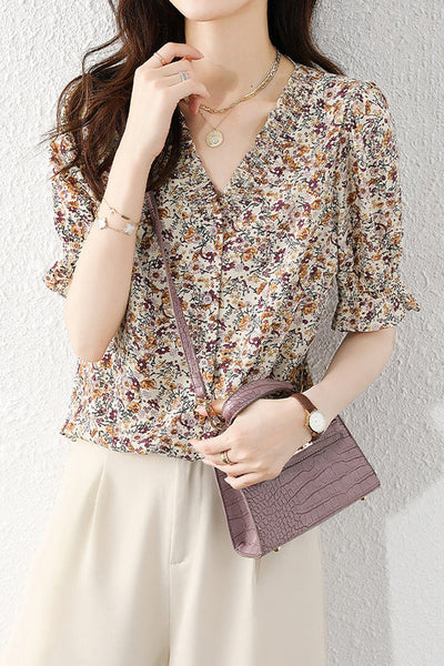 V-Neck Shirring Hem Floral Blouse