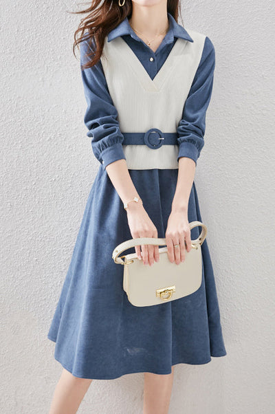 Layered Look Polo Collar Buckle Belted Dress - 3 Colors Available