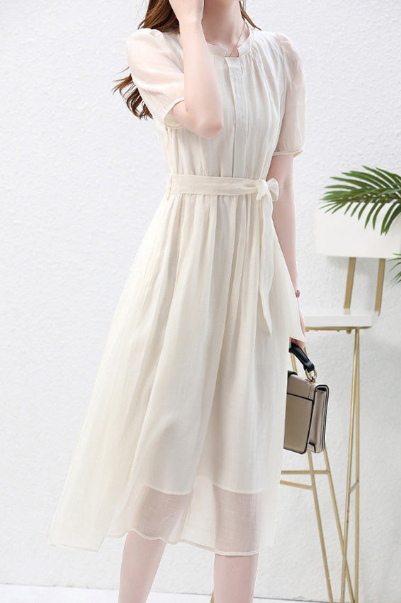 Nail Color Pintuck Belted Long Dress with Lining - 3 Colors Available