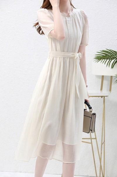 Nail Color Pintuck Belted Long Dress with Lining - 3 Colors Available