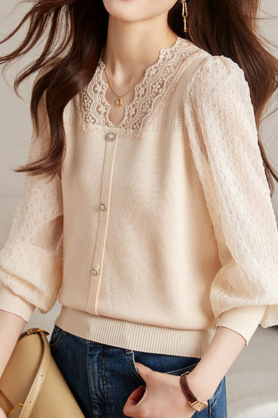 Elegant Lace Spliced Long-Sleeve Slim Knit Top