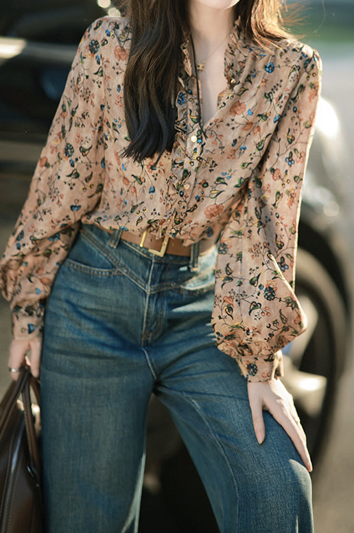 Ruffle Collar Floral Feminine Long Sleeve Blouse