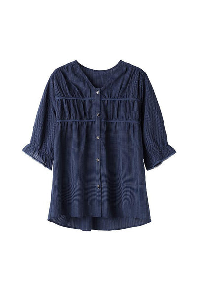 V-neck Piping Contrast Check Gathered Blouse