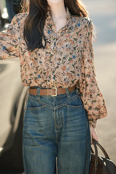 Ruffle Collar Floral Feminine Long Sleeve Blouse
