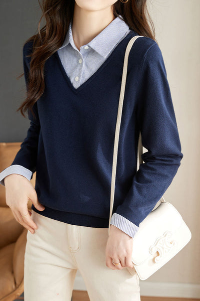 Casual Office Polo Collar Spliced Fake Two-Piece Knit Top