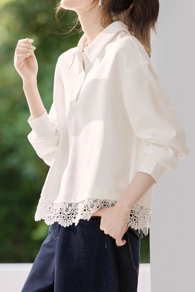 Versatile Fashionable Lace Patchwork Polo Sweatshirt