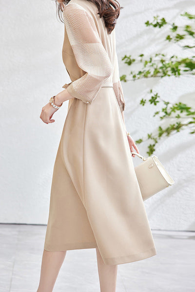 Mixed Material Sheer Check Contrast Crossover Belt Long Dress - 2 Colors Available