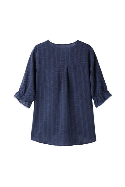 V-neck Piping Contrast Check Gathered Blouse