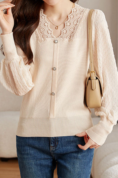 Elegant Lace Spliced Long-Sleeve Slim Knit Top