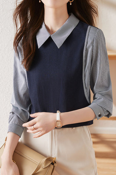 Commuter Versatile Polo Collar Stripe Long-Sleeve Fake Two-Piece Sweatshirt
