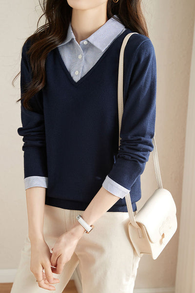 Casual Office Polo Collar Spliced Fake Two-Piece Knit Top
