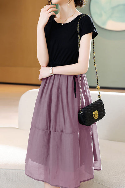 Round Neck Docking Prairie Dress with Lining