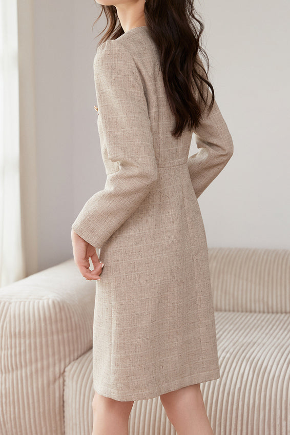Elegant No-Collar Button Decor Dress with Lining