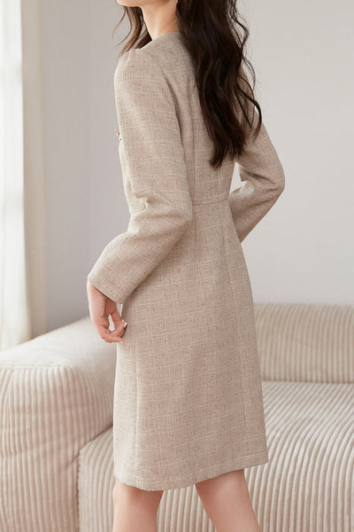 Elegant No-Collar Button Decor Dress with Lining