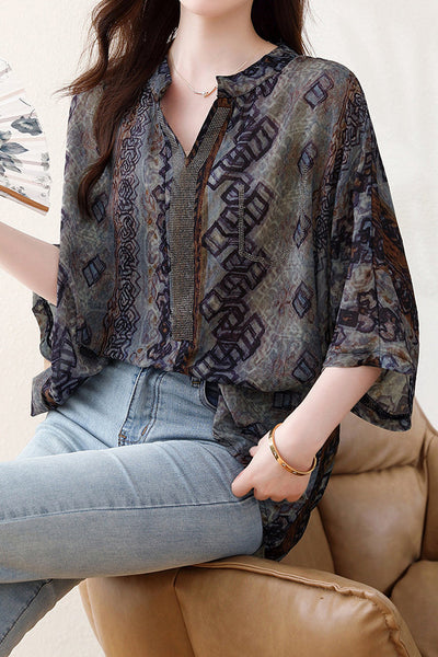 Skipper Collar Rhinestone Decor Printed Tunic