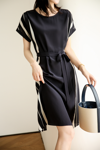Elegant Side Stripe Belted Dress