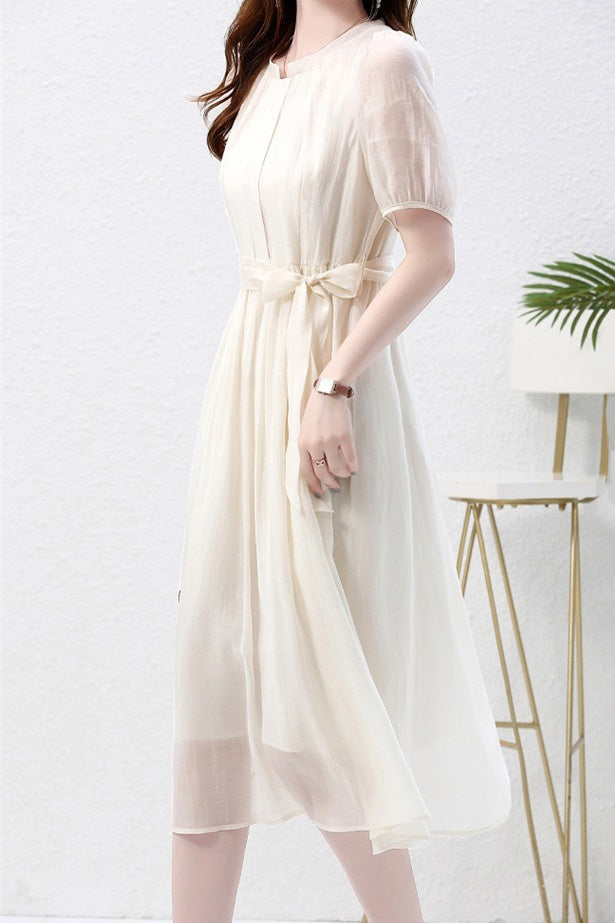 Nail Color Pintuck Belted Long Dress with Lining - 3 Colors Available