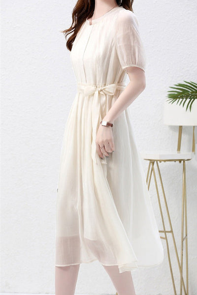Nail Color Pintuck Belted Long Dress with Lining - 3 Colors Available