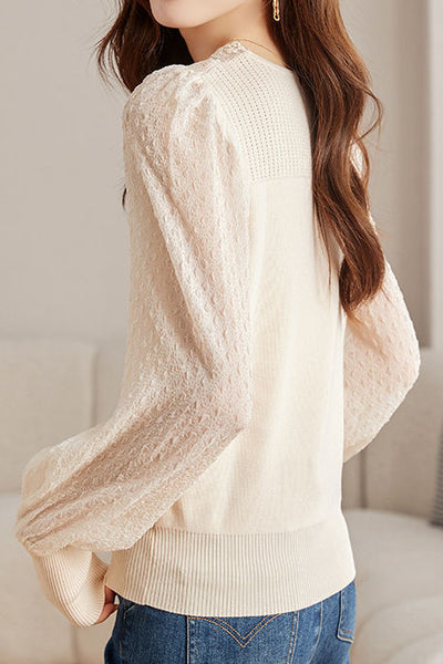 Elegant Lace Spliced Long-Sleeve Slim Knit Top