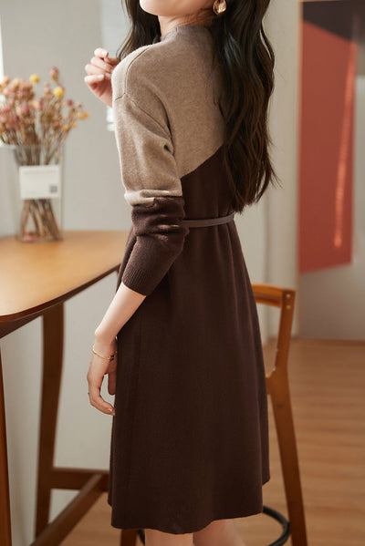 Bottle Neck Bi-Color Belted Knit Dress - 2 Colors Available