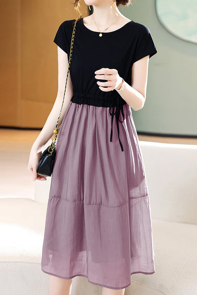 Round Neck Docking Prairie Dress with Lining