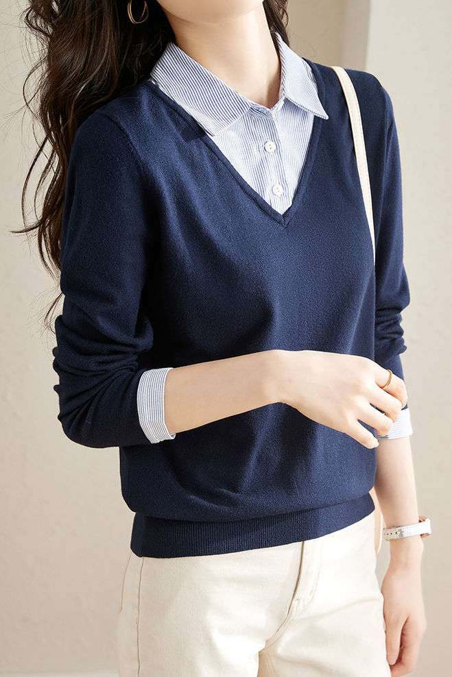 Casual Office Polo Collar Spliced Fake Two-Piece Knit Top