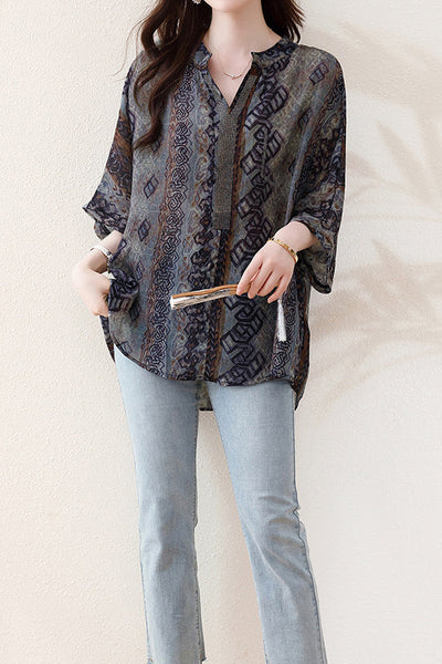 Skipper Collar Rhinestone Decor Printed Tunic